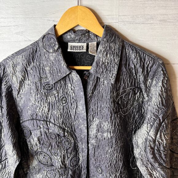 Chicos Shacket Womens Size 1/Medium Silver Gray Embroidered 100% Silk Buttons - Picture 7 of 16